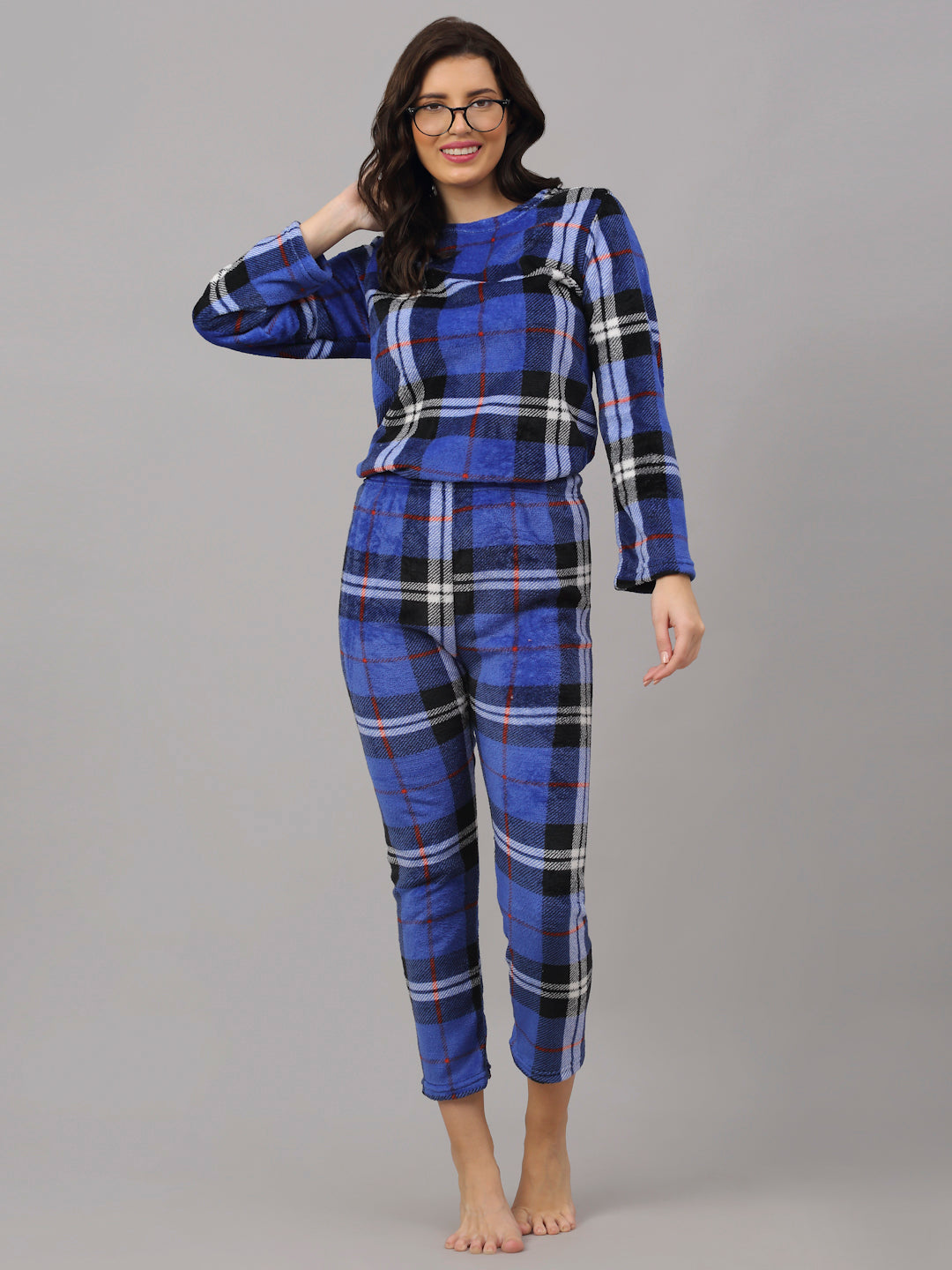 Women Checkered Warm Fleece Nightsuit