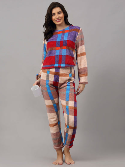 Women Checkered Warm Fleece Nightsuit