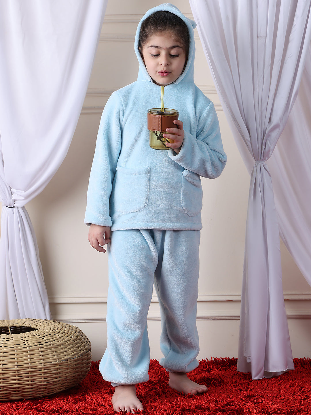 Girls Fleece Round Neck Full Sleeves Hoodie & Jogger Nightsuit Set