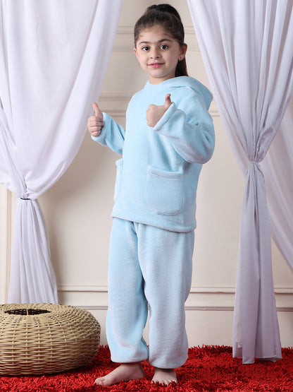 Girls Fleece Round Neck Full Sleeves Hoodie & Jogger Nightsuit Set