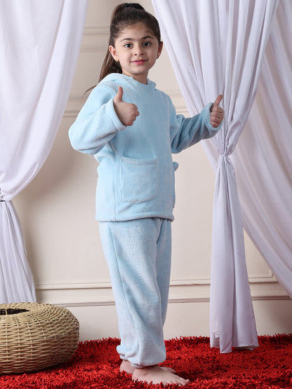 Girls Fleece Round Neck Full Sleeves Hoodie & Jogger Nightsuit Set