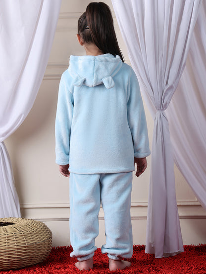 Girls Fleece Round Neck Full Sleeves Hoodie & Jogger Nightsuit Set