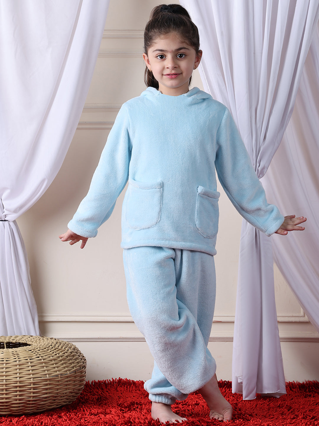 Girls Fleece Round Neck Full Sleeves Hoodie & Jogger Nightsuit Set