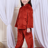 Girls Fleece Round Neck Full Sleeves Hoodie & Jogger Nightsuit Set