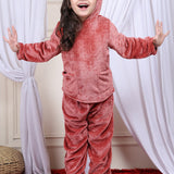 Girls Fleece Round Neck Full Sleeves Hoodie & Jogger Nightsuit Set