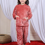 Girls Fleece Round Neck Full Sleeves Hoodie & Jogger Nightsuit Set