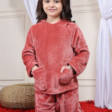 Girls Fleece Round Neck Full Sleeves Hoodie & Jogger Nightsuit Set