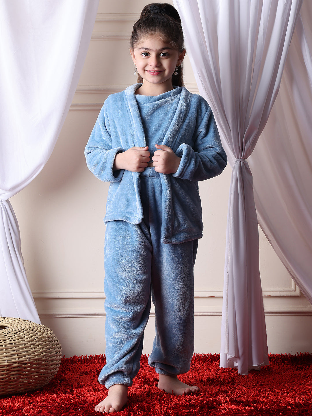 Girls Fleece Nightsuit Round neck Cami Top with Full sleeves Shrug and Jogger - Rust