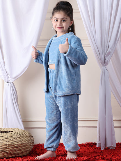 Girls Fleece Nightsuit Round neck Cami Top with Full sleeves Shrug and Jogger - Rust