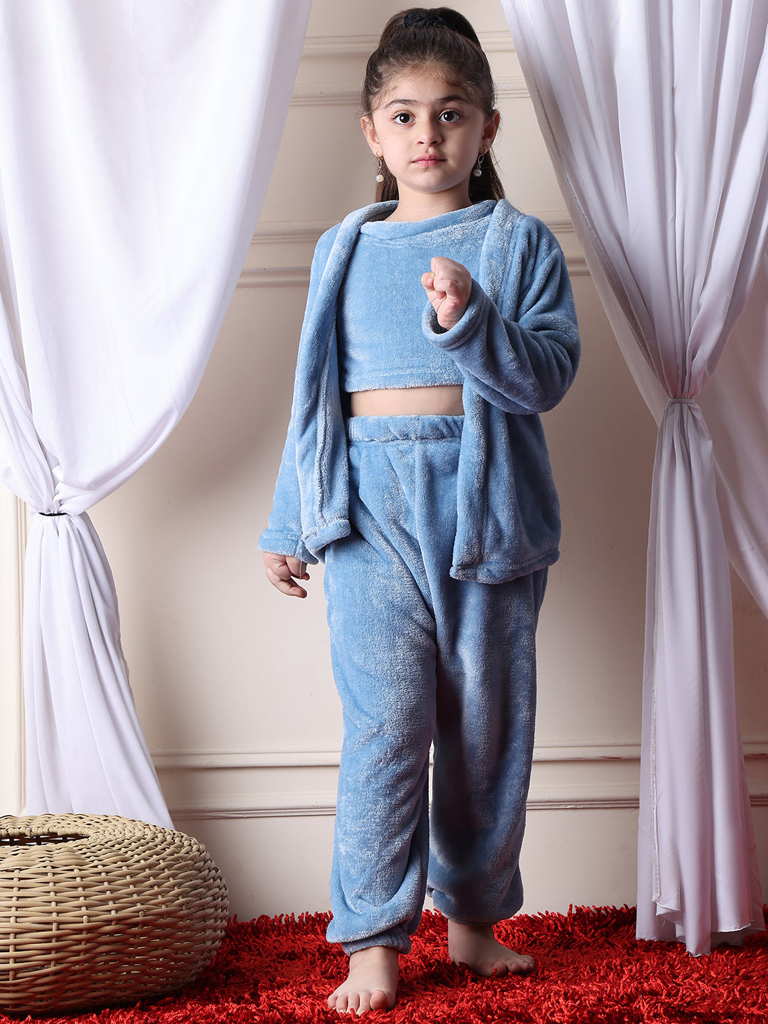 Girls Fleece Nightsuit Round neck Cami Top with Full sleeves Shrug and Jogger - Rust