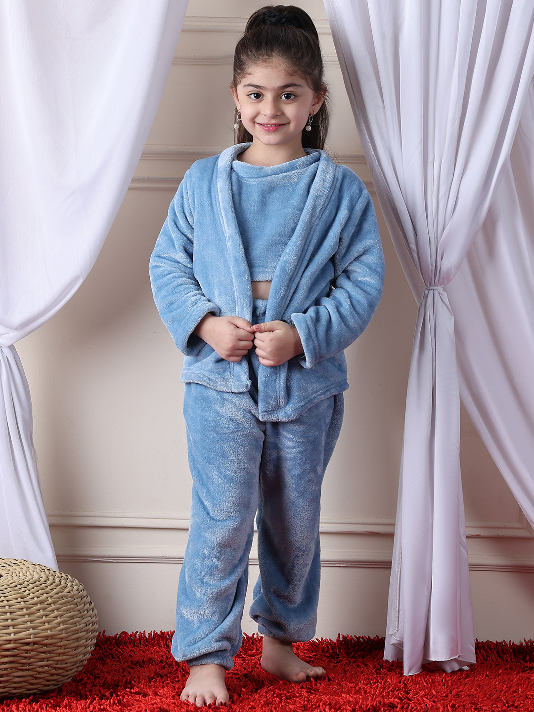 Girls Fleece Nightsuit Round neck Cami Top with Full sleeves Shrug and Jogger - Rust