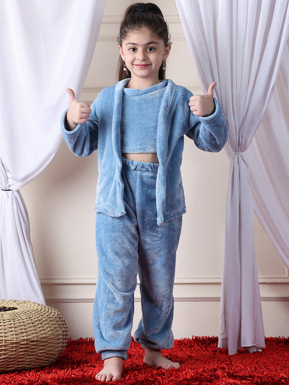 Girls Fleece Nightsuit Round neck Cami Top with Full sleeves Shrug and Jogger - Rust