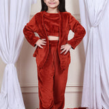 Girls Fleece Nightsuit Round neck Cami Top with Full sleeves Shrug and Jogger