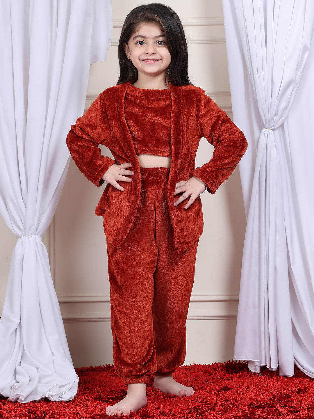 Girls Fleece Nightsuit Round neck Cami Top with Full sleeves Shrug and Jogger