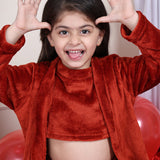 Girls Fleece Nightsuit Round neck Cami Top with Full sleeves Shrug and Jogger