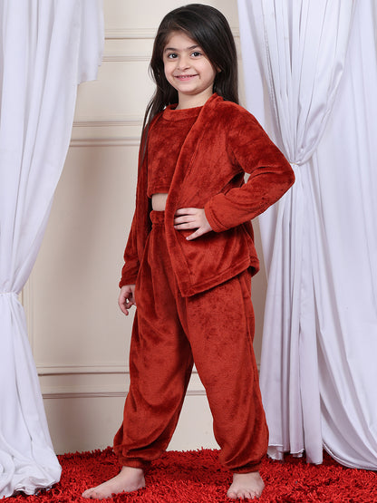 Girls Fleece Nightsuit Round neck Cami Top with Full sleeves Shrug and Jogger - Rust