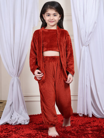 Girls Fleece Nightsuit Round neck Cami Top with Full sleeves Shrug and Jogger - Rust