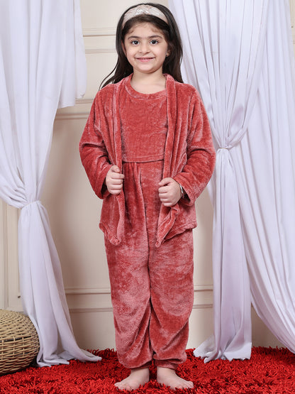 Girls Fleece Nightsuit Round neck Cami Top with Full sleeves Shrug and Jogger - Rust