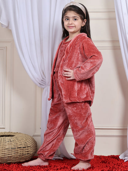 Girls Fleece Nightsuit Round neck Cami Top with Full sleeves Shrug and Jogger - Rust