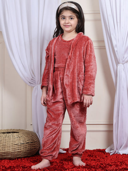 Girls Fleece Nightsuit Round neck Cami Top with Full sleeves Shrug and Jogger - Rust